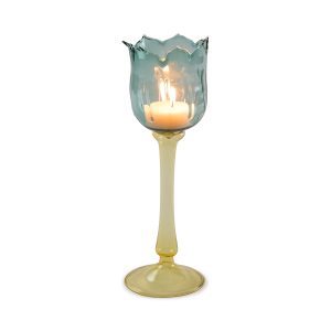 Eternal Blossom Glass Tea Light Holder - Teal/ Yellow