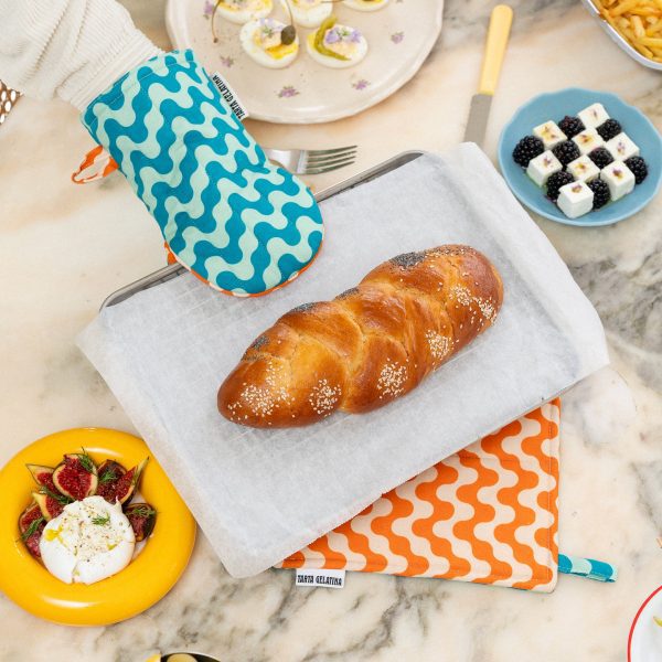 Reversible Pattern Oven Mitt & Potholder - Set of 2 - Orange/ Blue