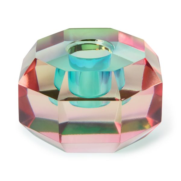 Faceted Octagon Crystal Candleholder - Peach/ Teal